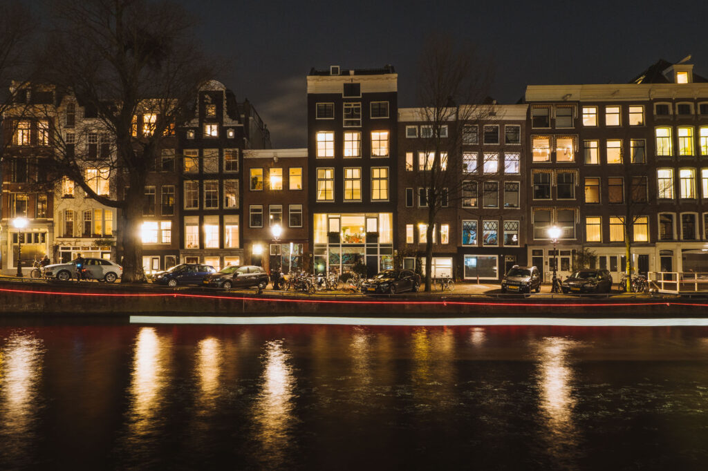 Typical Amsterdam canal view at night